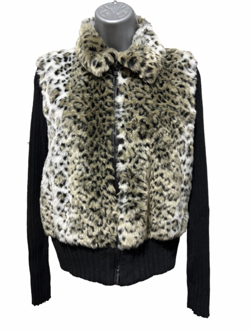 Tiara Leopard Faux Fur Vest Front Zip Cardigan Sweater Jacket Women’s M